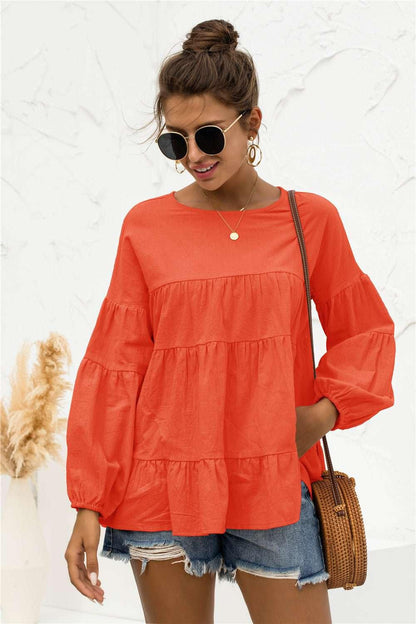 Round Neck Bubble Sleeve Tiered Blouse - VILLA FASHION