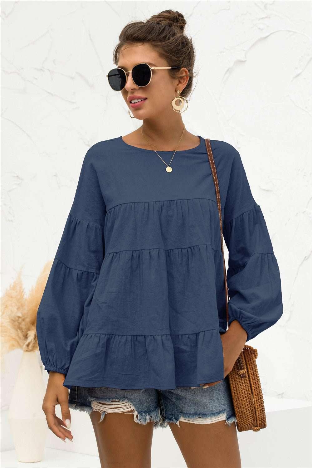 Round Neck Bubble Sleeve Tiered Blouse - VILLA FASHION