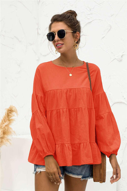 Round Neck Bubble Sleeve Tiered Blouse - VILLA FASHION