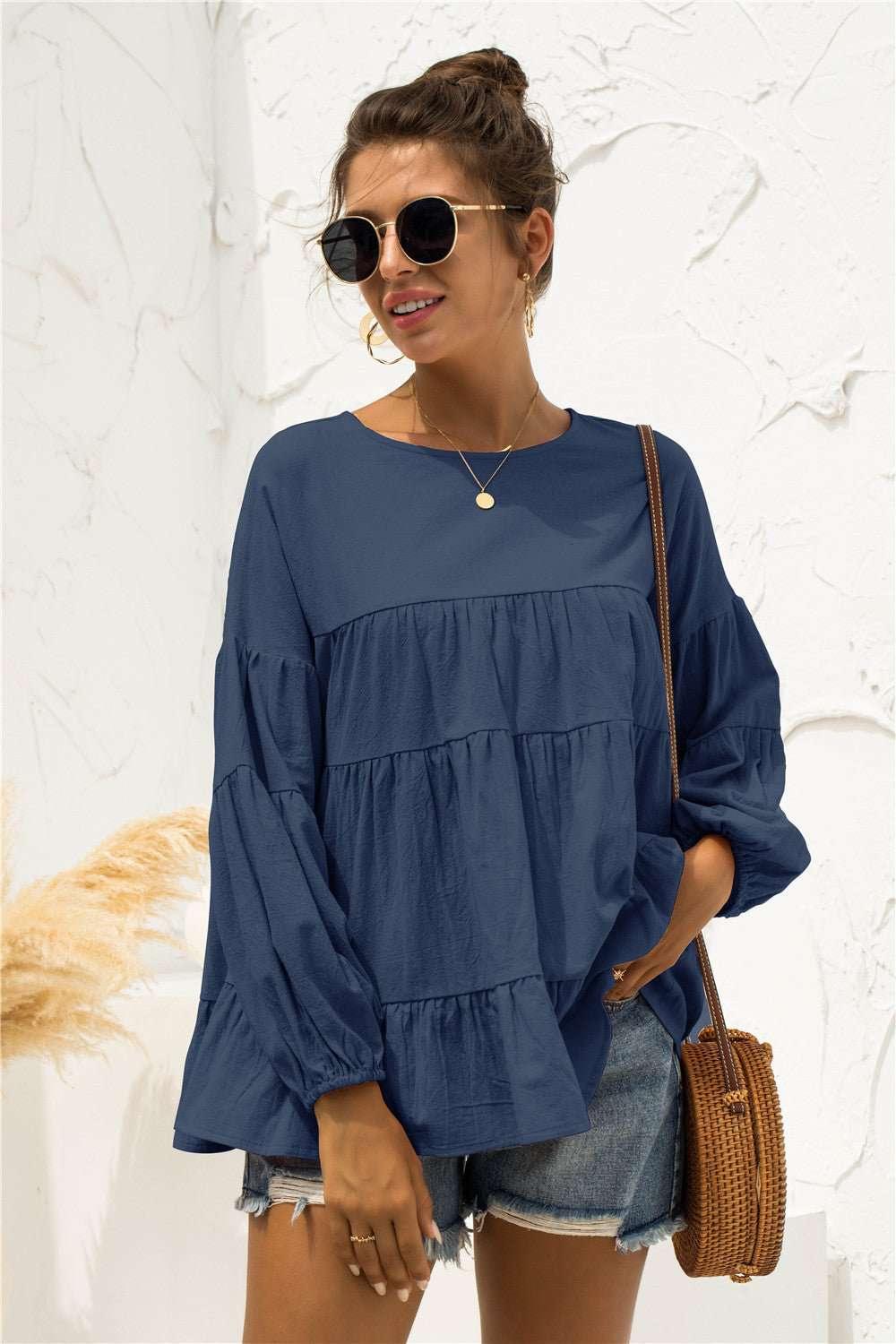 Round Neck Bubble Sleeve Tiered Blouse - VILLA FASHION
