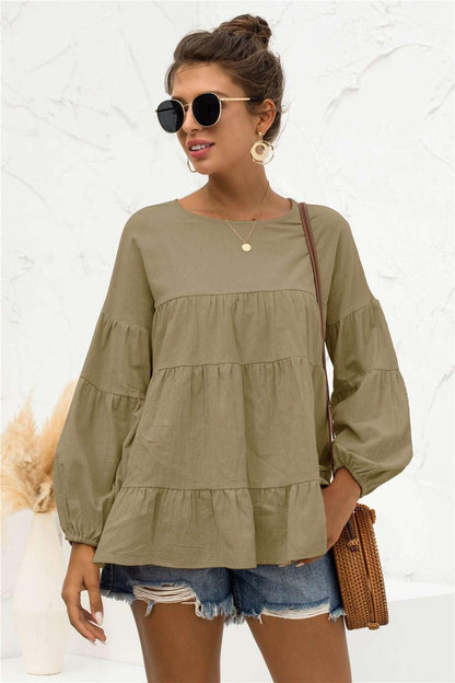 Round Neck Bubble Sleeve Tiered Blouse - VILLA FASHION