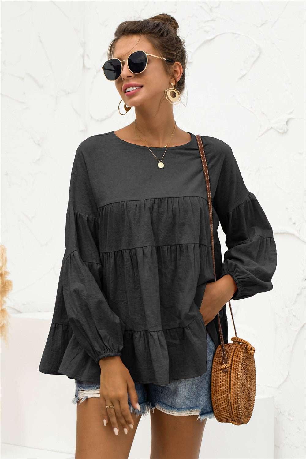 Round Neck Bubble Sleeve Tiered Blouse - VILLA FASHION