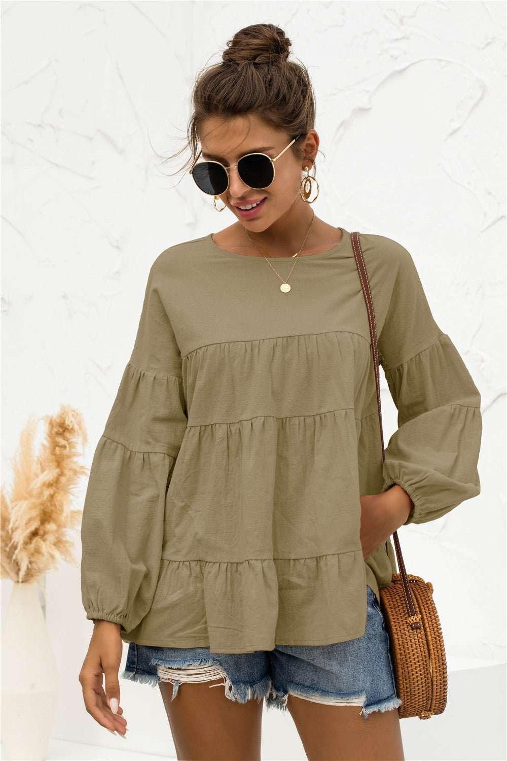 Round Neck Bubble Sleeve Tiered Blouse - VILLA FASHION