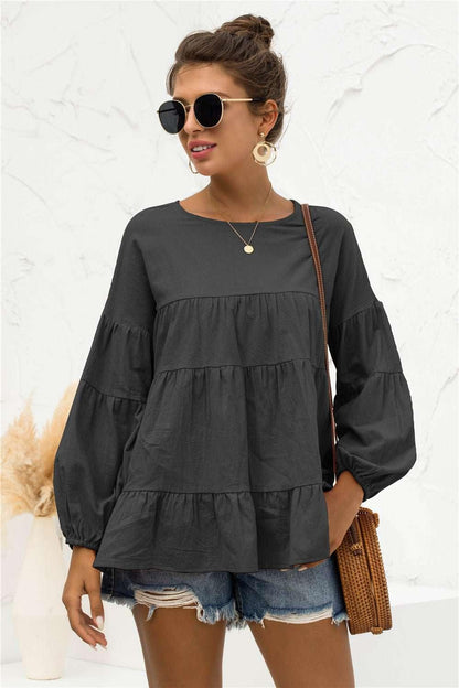 Round Neck Bubble Sleeve Tiered Blouse - VILLA FASHION