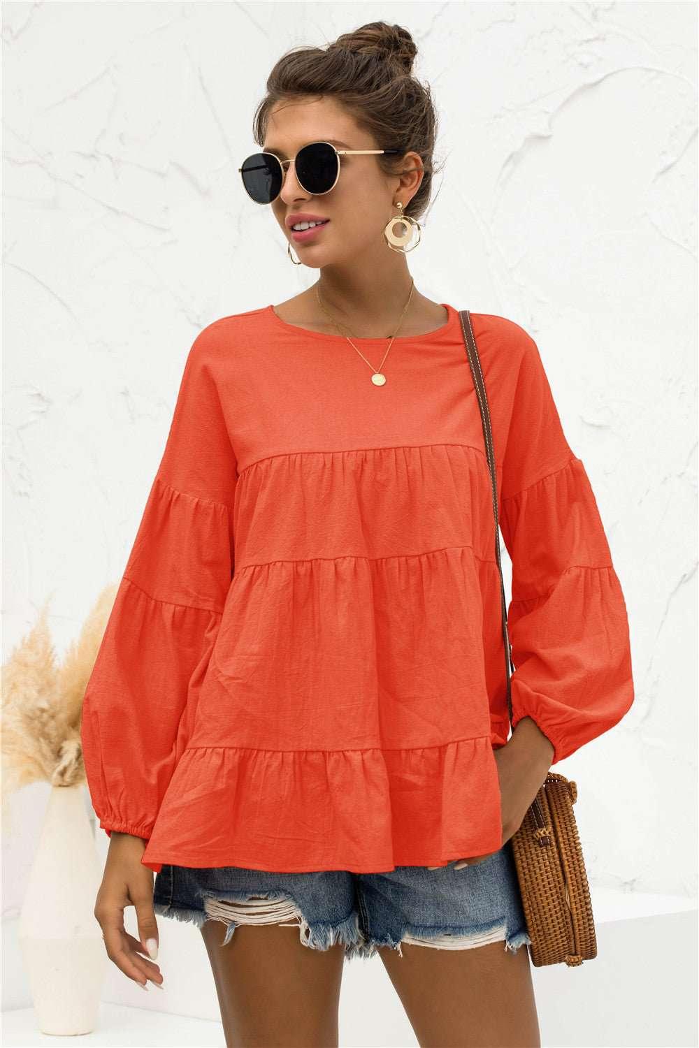 Round Neck Bubble Sleeve Tiered Blouse - VILLA FASHION