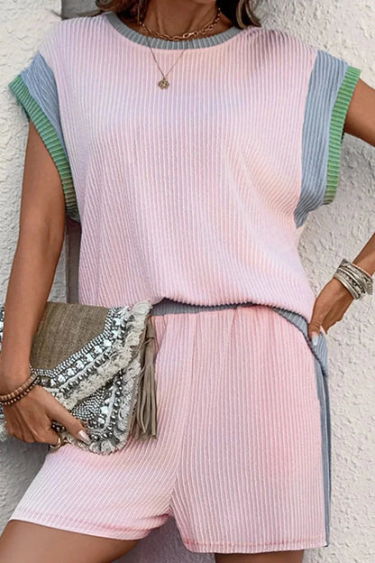Round Neck Contrast Top and Shorts Set - VILLA FASHION