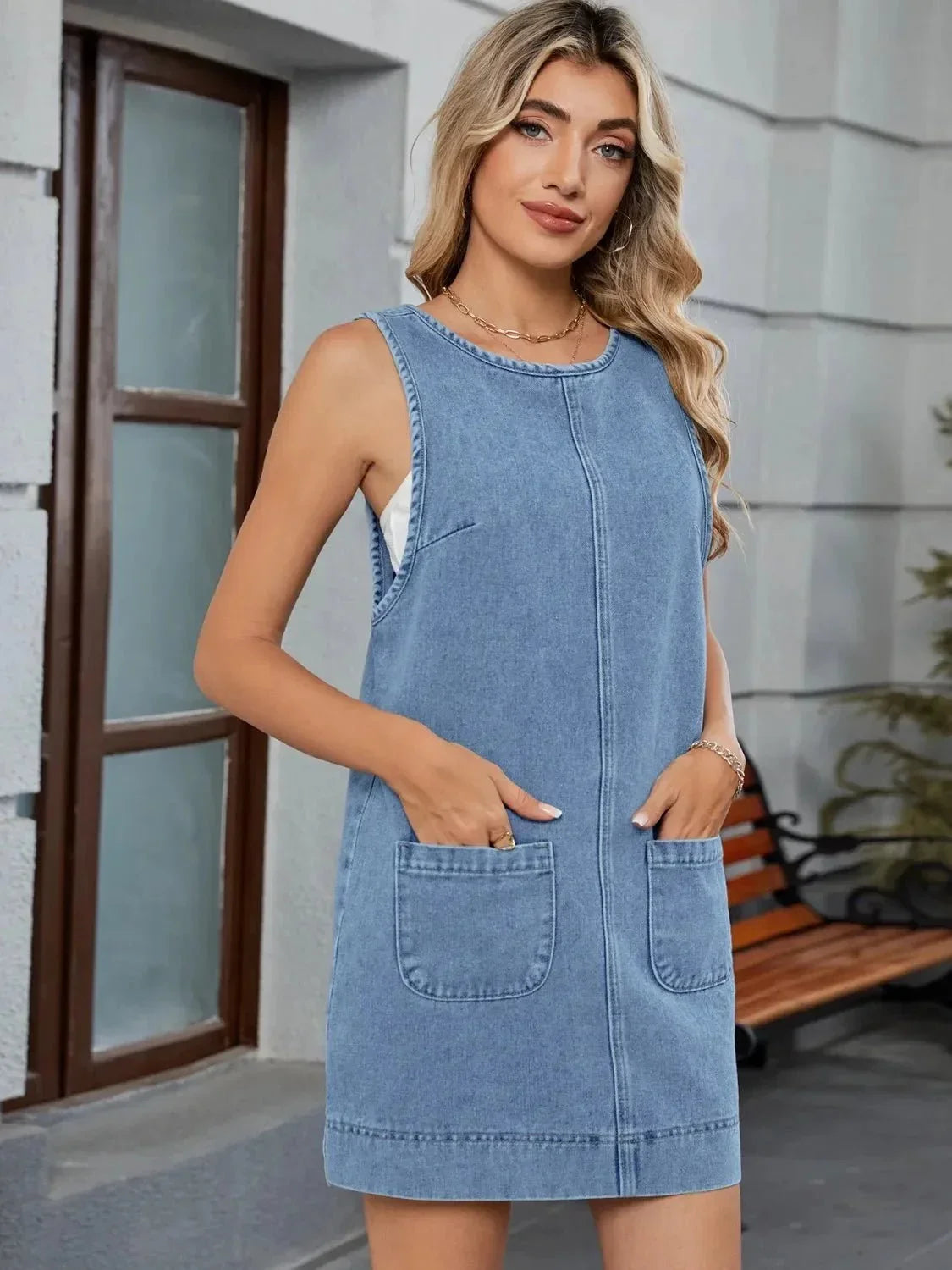 Round Neck Denim Overall Dress - VILLA FASHION