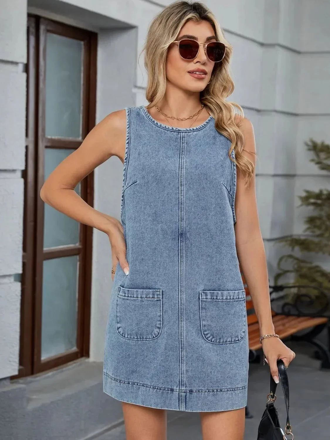 Round Neck Denim Overall Dress - VILLA FASHION