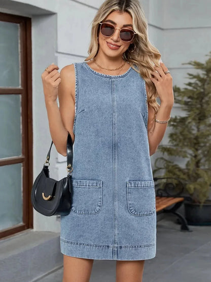 Round Neck Denim Overall Dress - VILLA FASHION