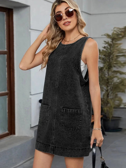 Round Neck Denim Overall Dress - VILLA FASHION
