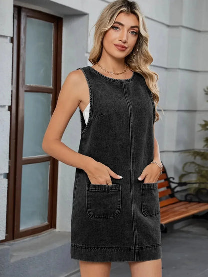 Round Neck Denim Overall Dress - VILLA FASHION