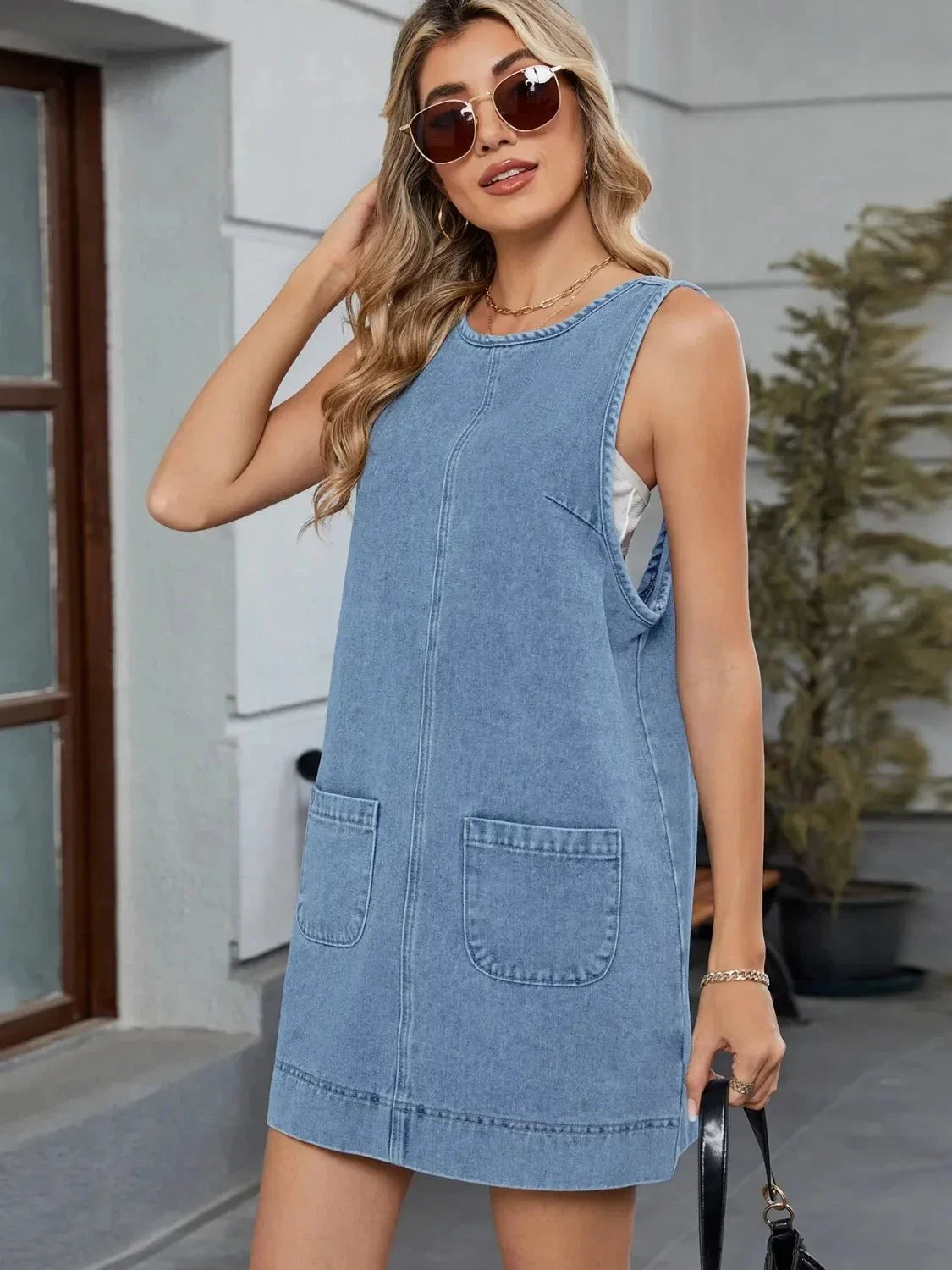 Round Neck Denim Overall Dress - VILLA FASHION