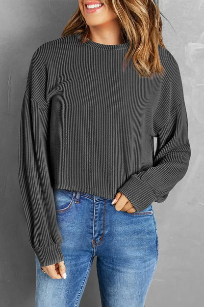 Round Neck Drop Shoulder Long Sleeve Top - VILLA FASHION
