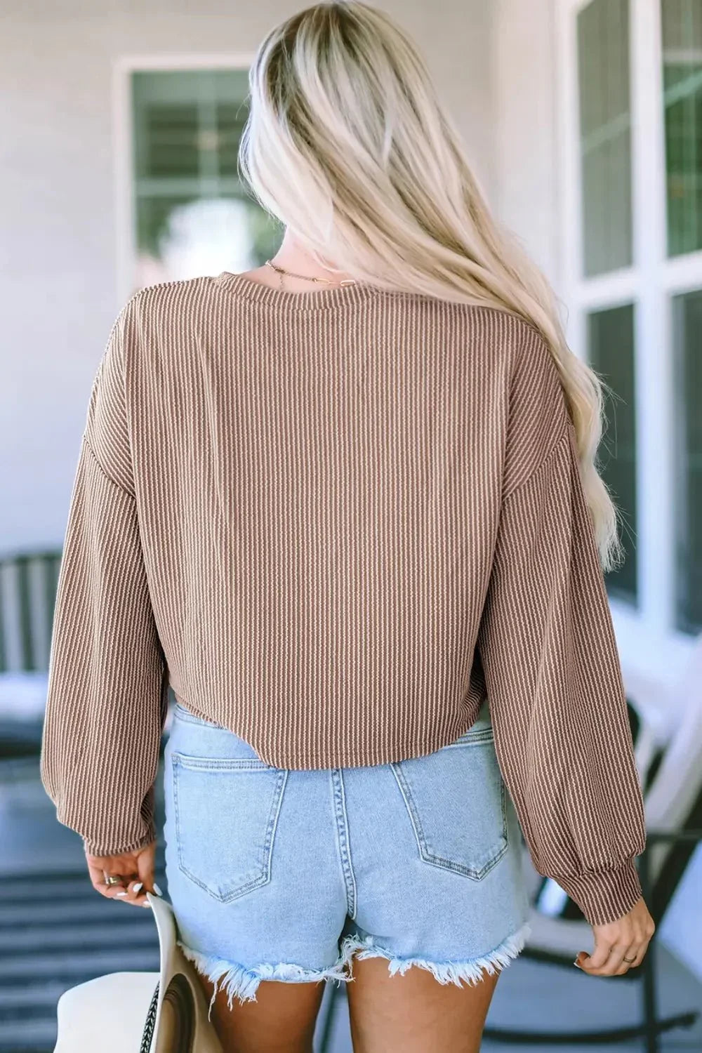 Round Neck Drop Shoulder Long Sleeve Top - VILLA FASHION