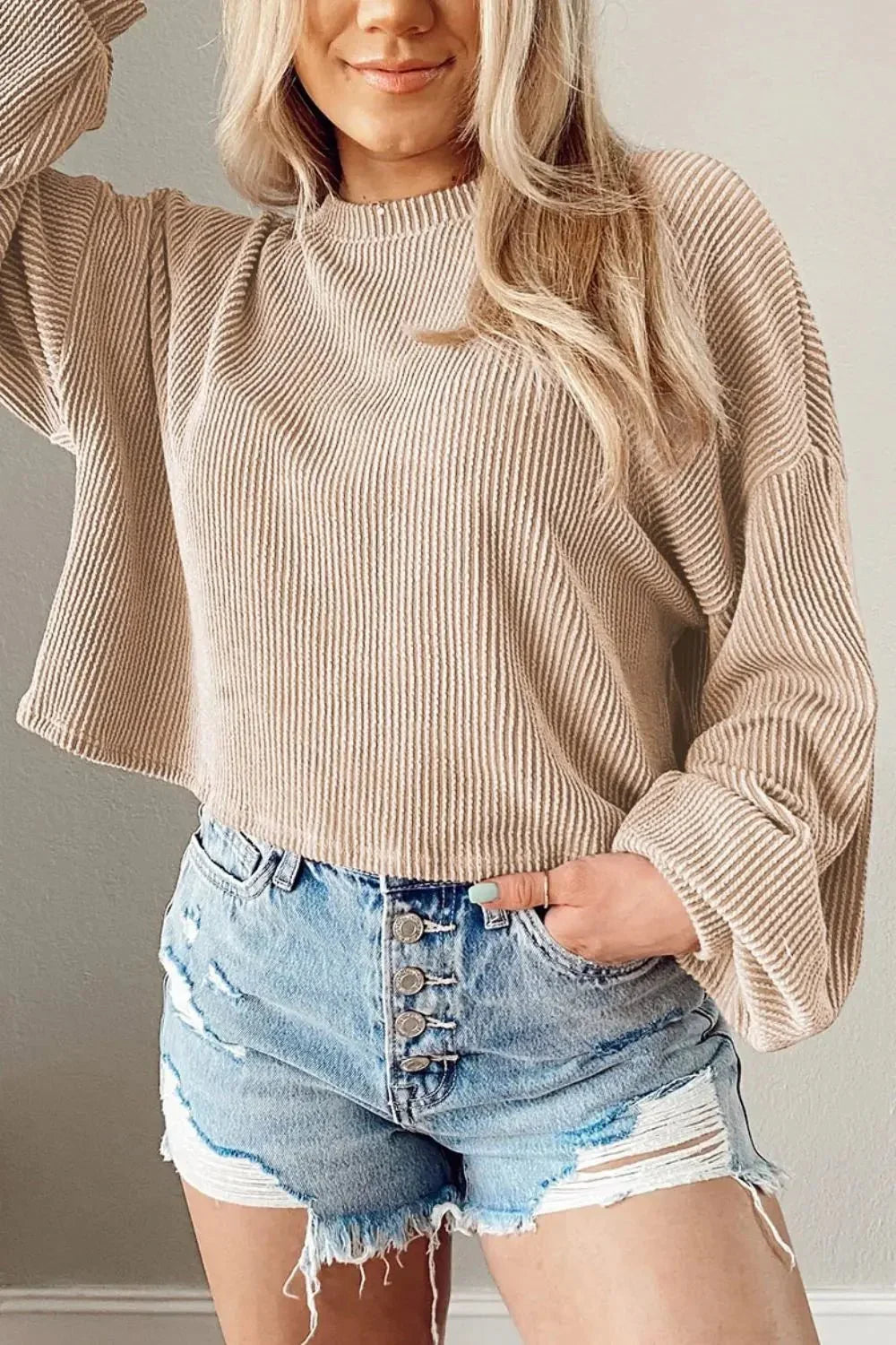 Round Neck Drop Shoulder Long Sleeve Top - VILLA FASHION