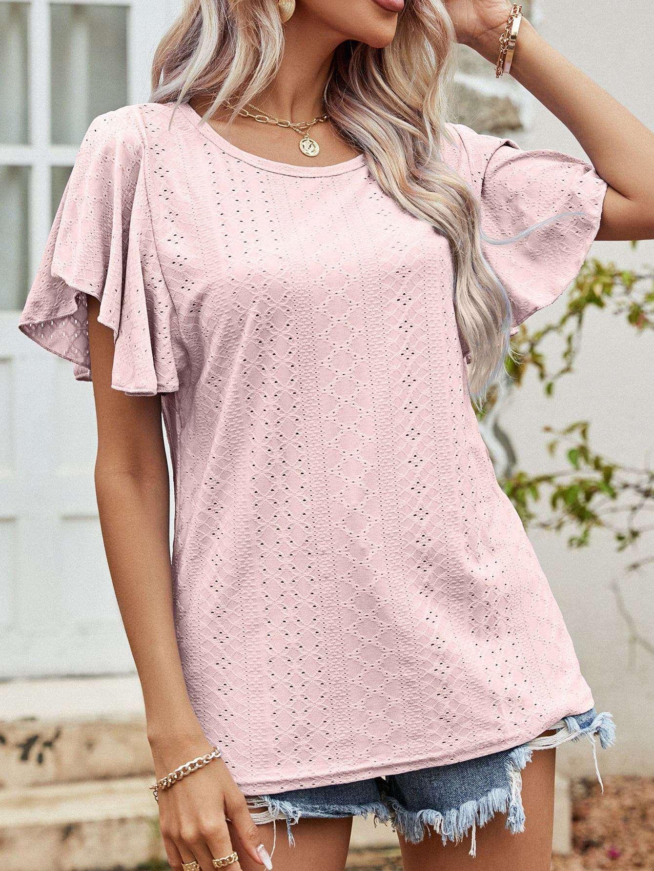 Round Neck Flutter Sleeve Blouse - VILLA FASHION