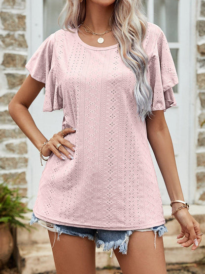 Round Neck Flutter Sleeve Blouse - VILLA FASHION
