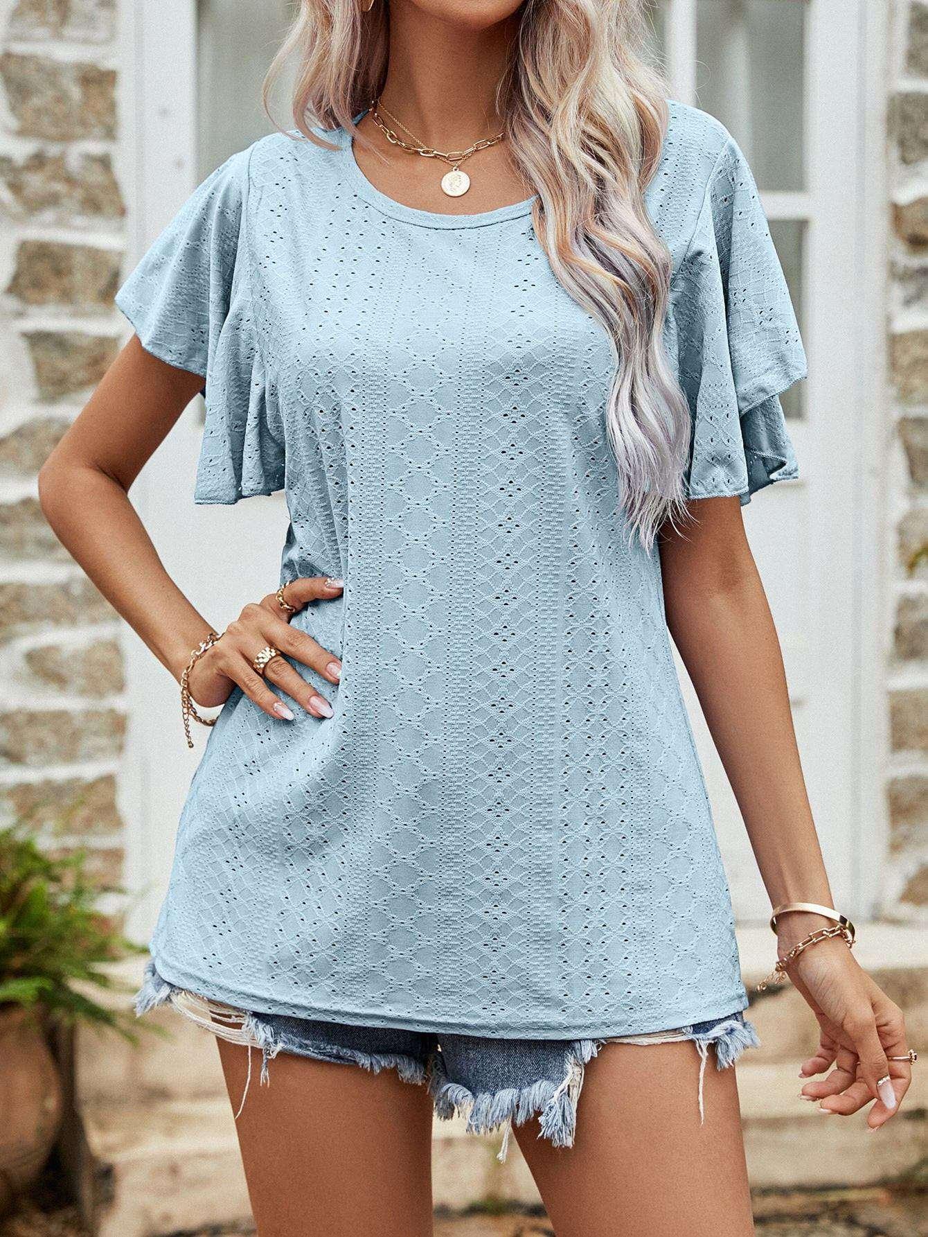 Round Neck Flutter Sleeve Blouse - VILLA FASHION