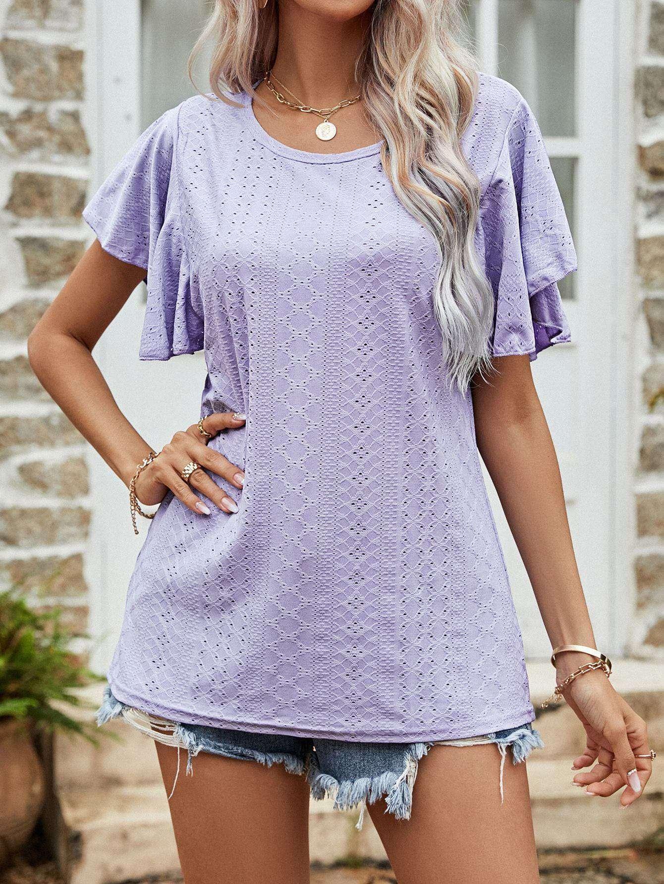 Round Neck Flutter Sleeve Blouse - VILLA FASHION