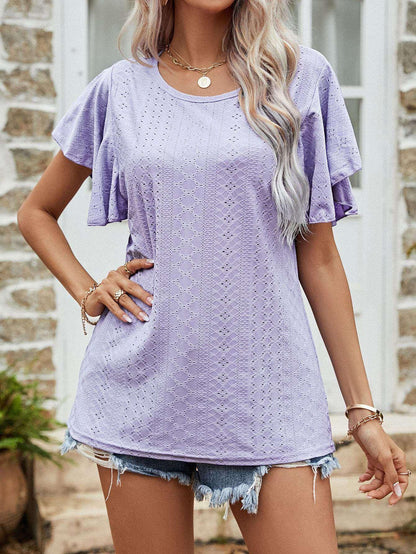 Round Neck Flutter Sleeve Blouse - VILLA FASHION