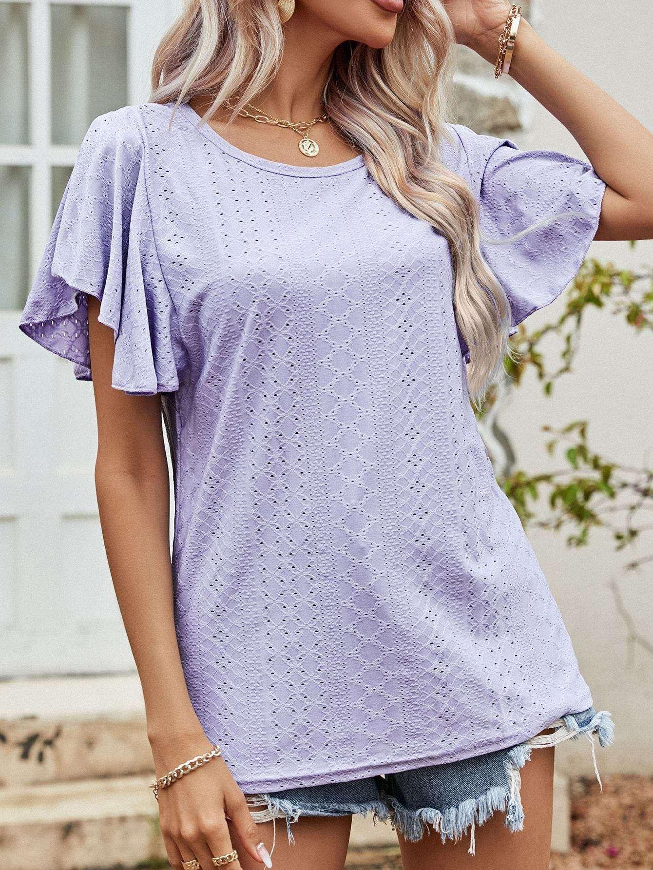Round Neck Flutter Sleeve Blouse - VILLA FASHION