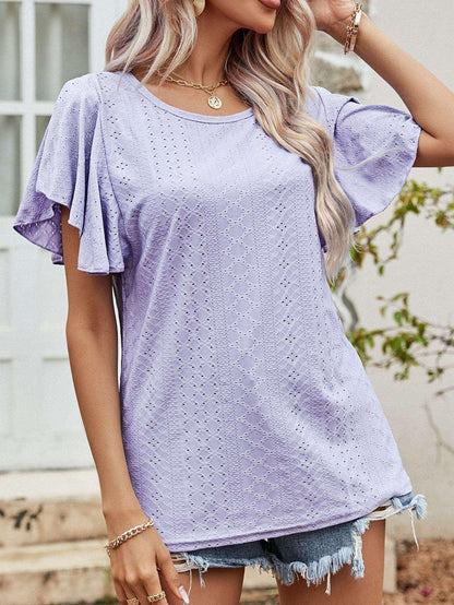 Round Neck Flutter Sleeve Blouse - VILLA FASHION