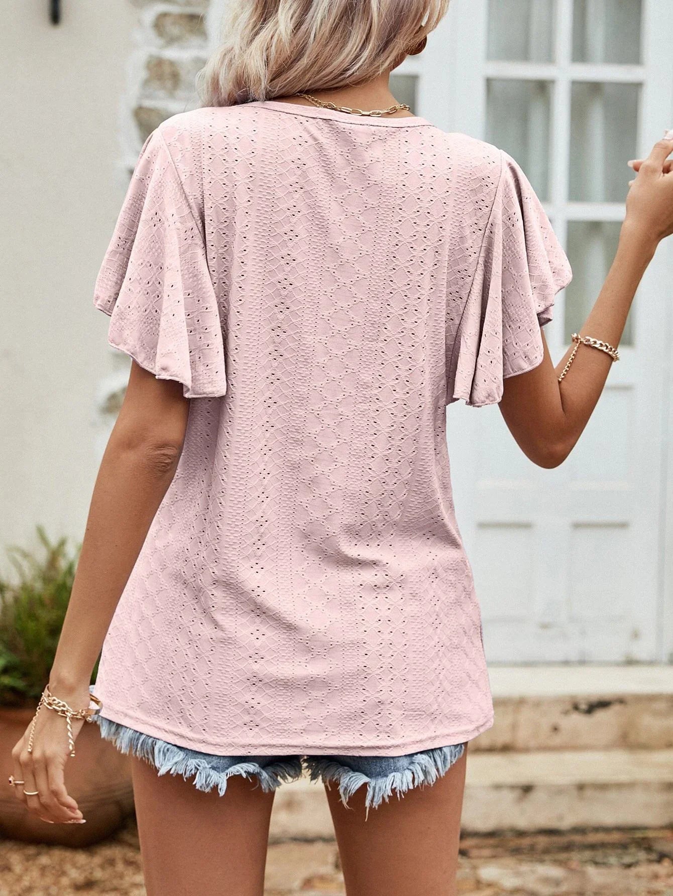 Round Neck Flutter Sleeve Blouse - VILLA FASHION