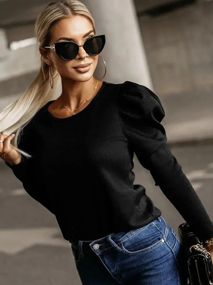 Round Neck Long Sleeve Blouse - VILLA FASHION