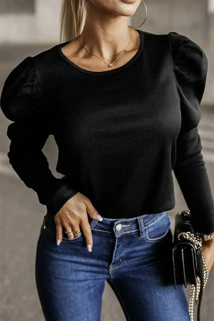 Round Neck Long Sleeve Blouse - VILLA FASHION