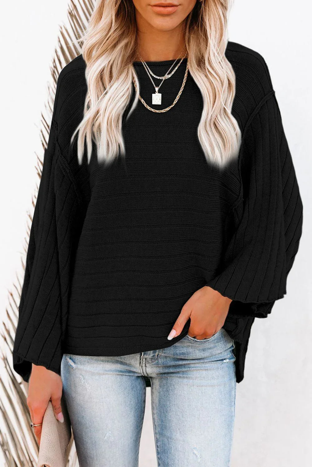 Round Neck Long Sleeve Knit Top - VILLA FASHION