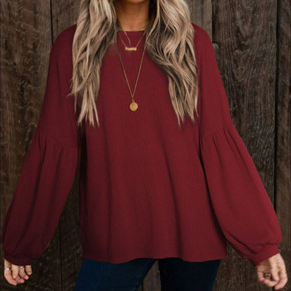 Round Neck Long Sleeve Ruched Blouse - VILLA FASHION