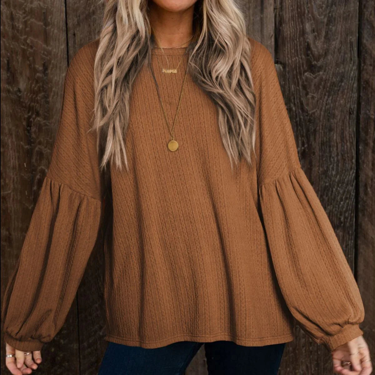 Round Neck Long Sleeve Ruched Blouse - VILLA FASHION