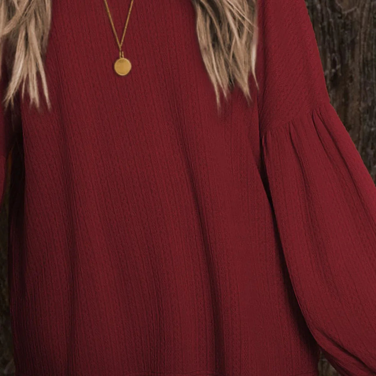 Round Neck Long Sleeve Ruched Blouse - VILLA FASHION