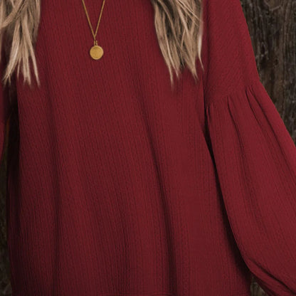 Round Neck Long Sleeve Ruched Blouse - VILLA FASHION