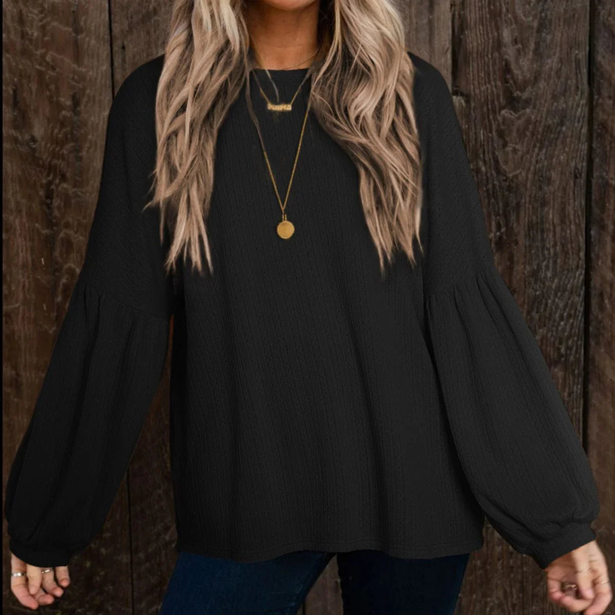Round Neck Long Sleeve Ruched Blouse - VILLA FASHION