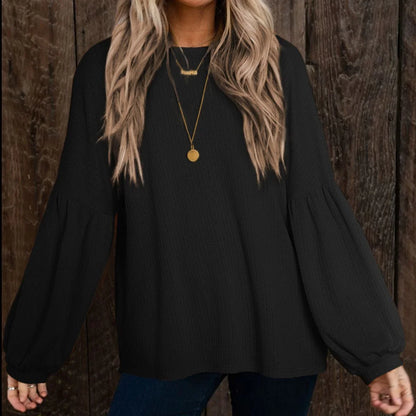 Round Neck Long Sleeve Ruched Blouse - VILLA FASHION