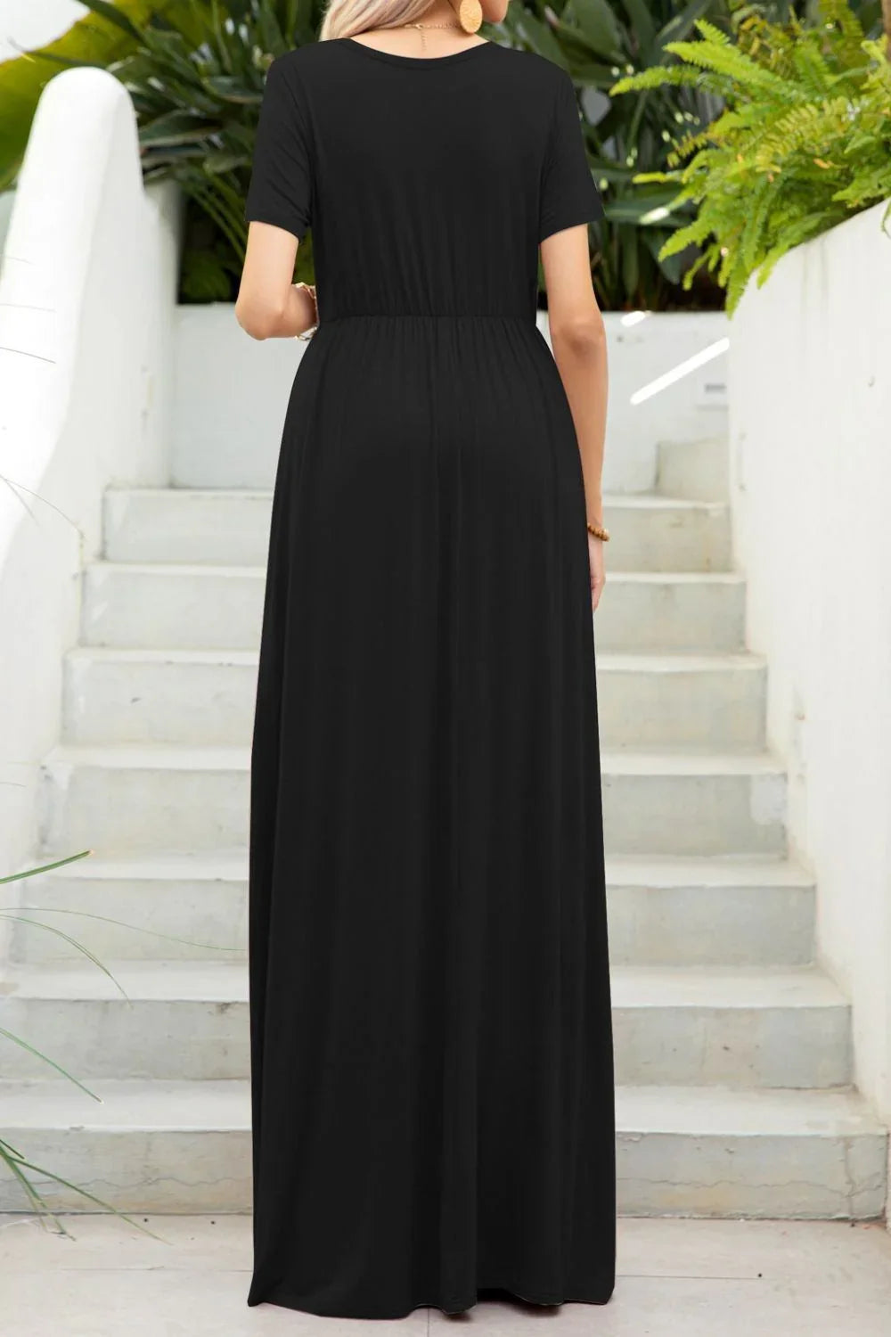 Round Neck Maxi Tee Dress with Pockets - VILLA FASHION