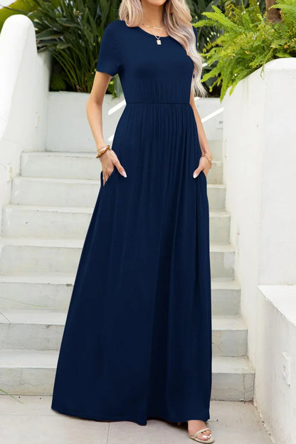 Round Neck Maxi Tee Dress with Pockets - VILLA FASHION