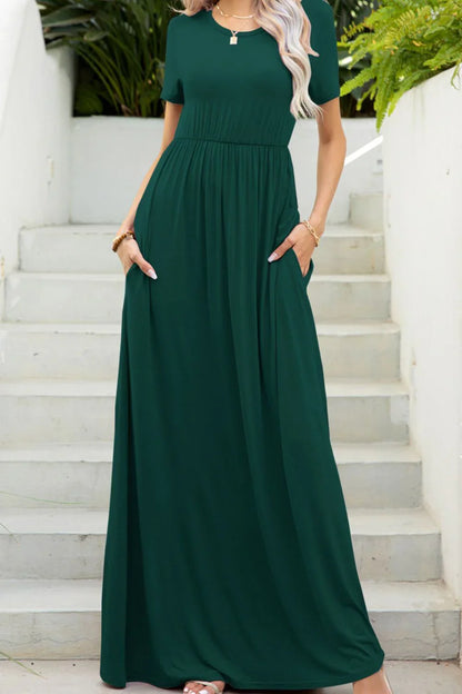 Round Neck Maxi Tee Dress with Pockets - VILLA FASHION