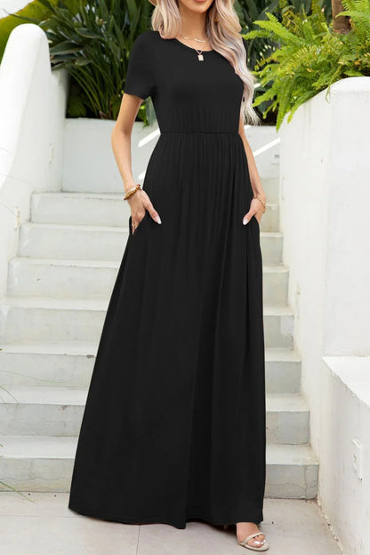 Round Neck Maxi Tee Dress with Pockets - VILLA FASHION