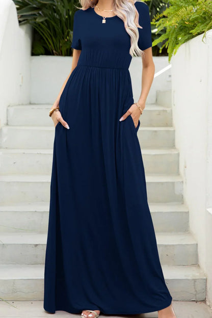 Round Neck Maxi Tee Dress with Pockets - VILLA FASHION