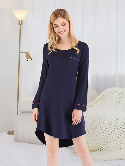Round Neck Night Dress with Pocket - VILLA FASHION