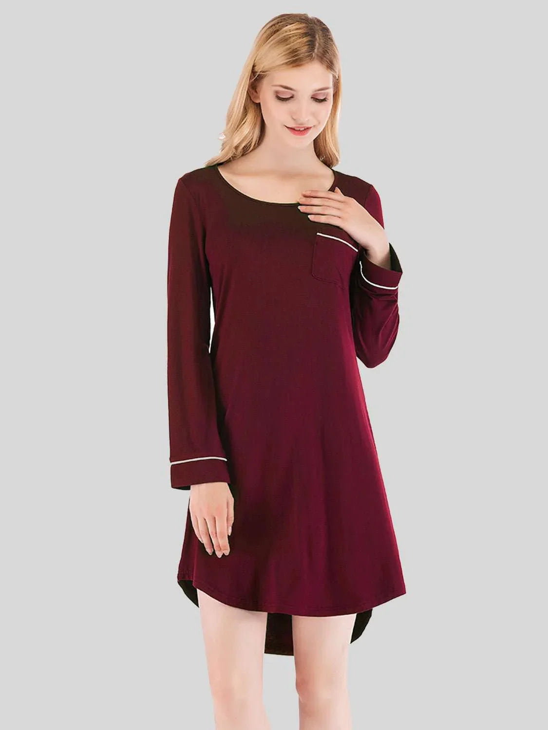 Round Neck Night Dress with Pocket - VILLA FASHION
