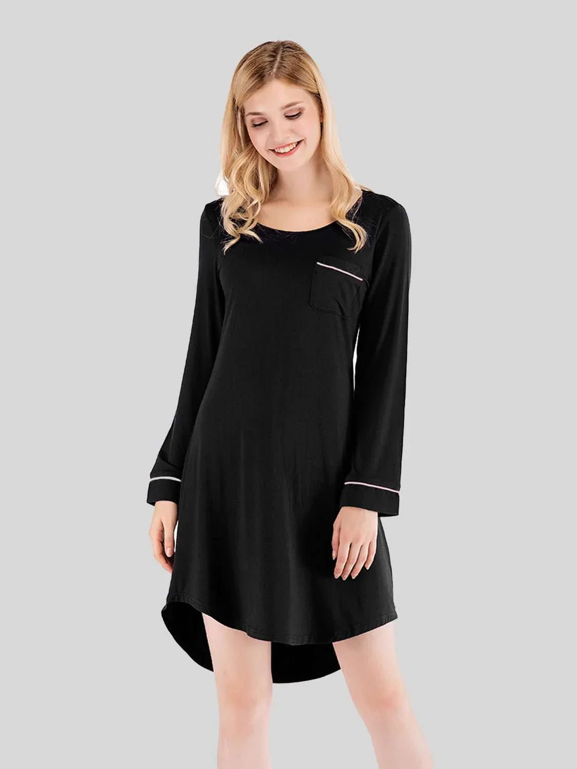 Round Neck Night Dress with Pocket - VILLA FASHION