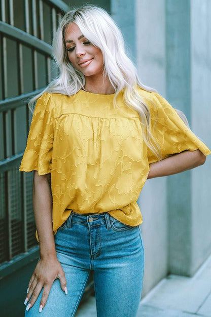 Round Neck Puff Sleeve Blouse - VILLA FASHION