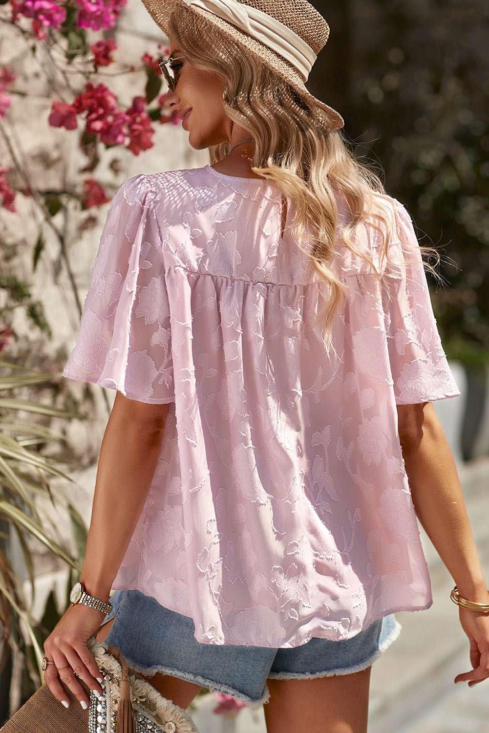 Round Neck Puff Sleeve Blouse - VILLA FASHION