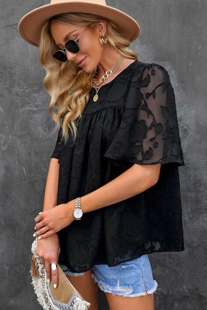 Round Neck Puff Sleeve Blouse - VILLA FASHION