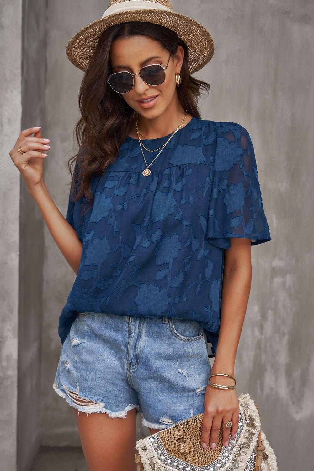 Round Neck Puff Sleeve Blouse - VILLA FASHION