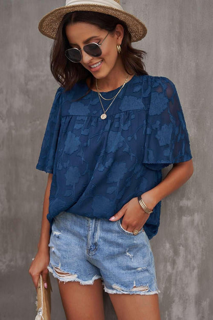 Round Neck Puff Sleeve Blouse - VILLA FASHION