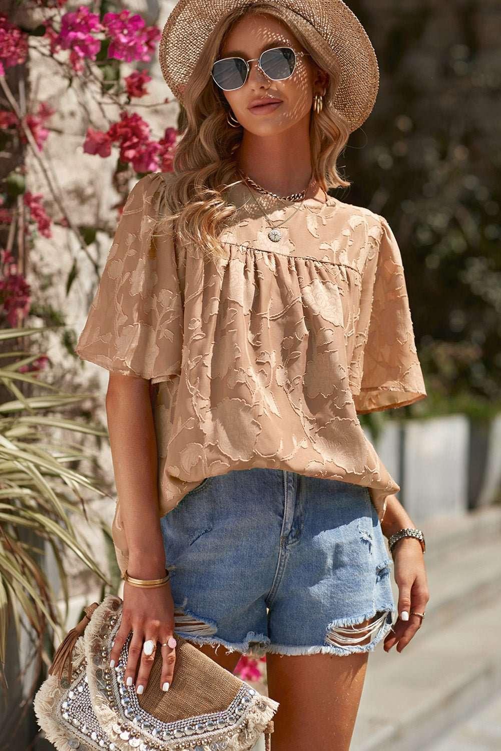 Round Neck Puff Sleeve Blouse - VILLA FASHION